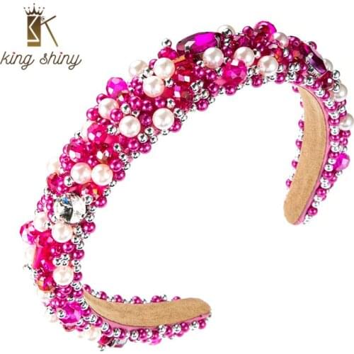 King Shiny Gorgeous Baroque Full Crystal Beaded Headband Vintage Imitation Pearl Sponge Hairband Girl Party Hair Accessory Bezel