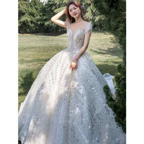 Luxury Bridal wedding dress 2021with crystal temperament long Court Train starry sky fairy elegant wedding Evening dress A073