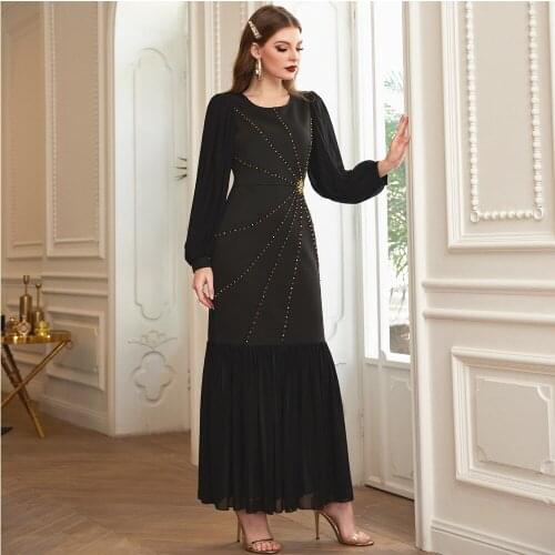 Muslim Luxury O-Neck Evening Gowns 2021 Dubai Long Sleeves Sexy Formal Dress Design