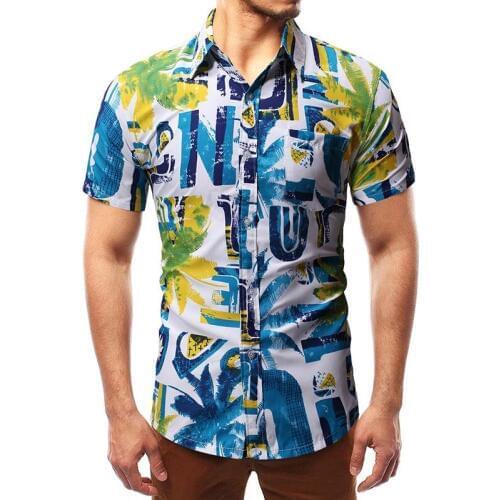 Palm Tree Print Short Sleeve Men Shirt Summer Casual Slim Fit Hawaiian Shirt Single Breasted Mens Dress Shirts Camisa Masculina