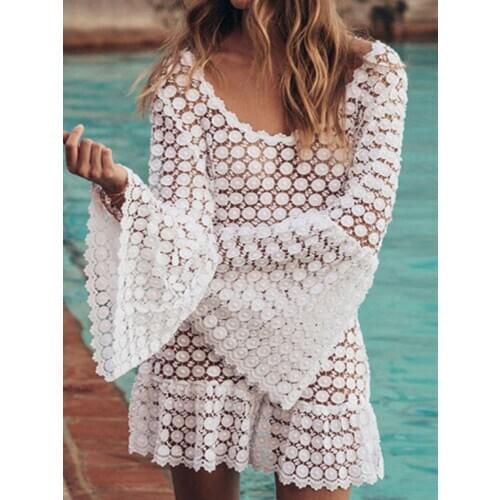 ZAFILLE Sexy White Lace Cover Up Women Swimsuit Sexy Bikini Cover Up Backless Beach Dress Summer Swim Cover up Beach Wear