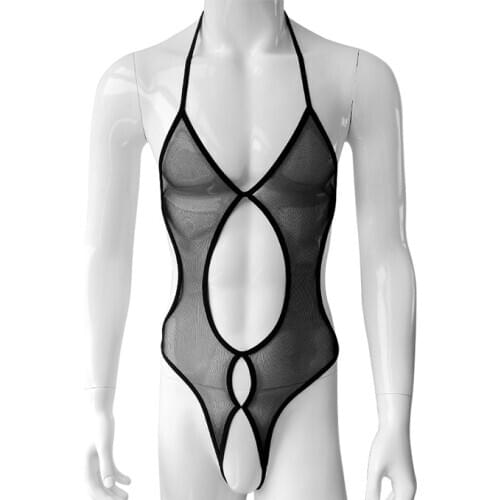 Mesh Transparent Sissy Bodysuit Sexy Lingerie Tether Adjustable Men Catsuit Bodycon Erotic Wetlook Open Crotch Underwear