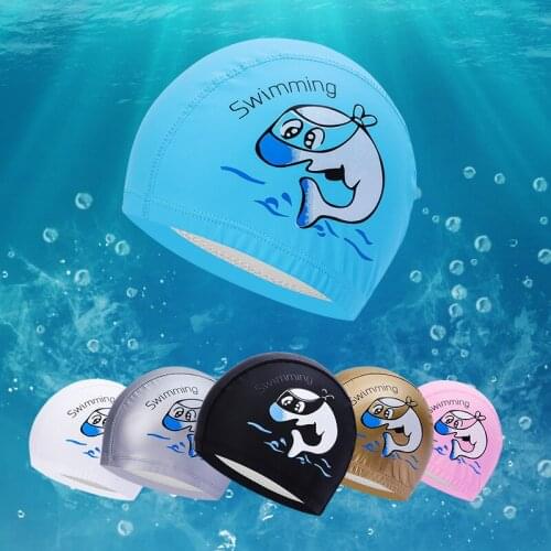 High Quality Childrens Swimming Cap PU Coated Waterproof Cartoon Dolphin Child Protection Ears Baby Swimming Pool Cap