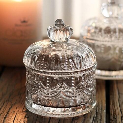 Retro Crown Lid Glass Jewelry Storage Jars Candy Coffee Sugar Canister Box Desktop Sundries Cotton Swab Organizer Tank