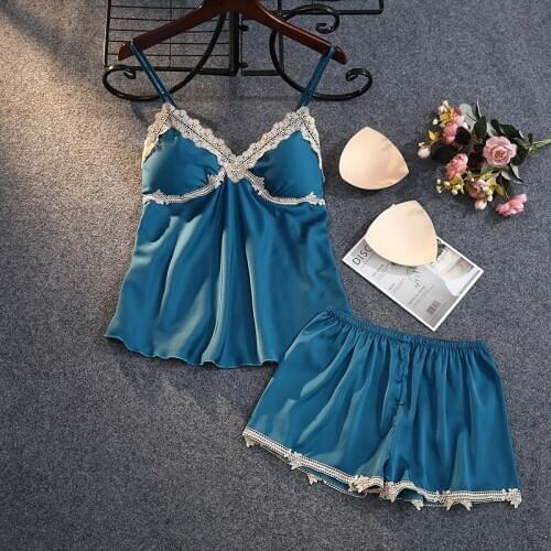 Freshing Summer New Pyjamas Womens Ice Silk Suspender Shorts Suit Pajamas Sexy Lace Chest Pad Two-piece Sleepwear
