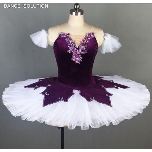 Dark purple velvet bodice and white pleated tulle ballet pancake tutu women professional tutu performance ballerina tutus BLL077