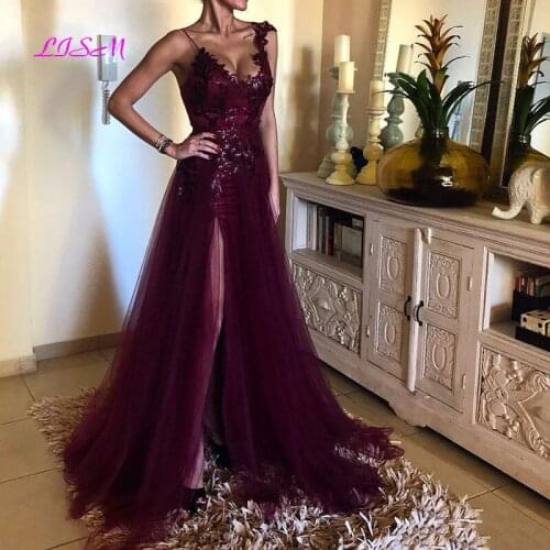 Burgundy Sequin Evening Dress 2021 Sexy Slit Skirt V-Neck Lace Appliques Glitter Prom Gowns Formal Dresses
