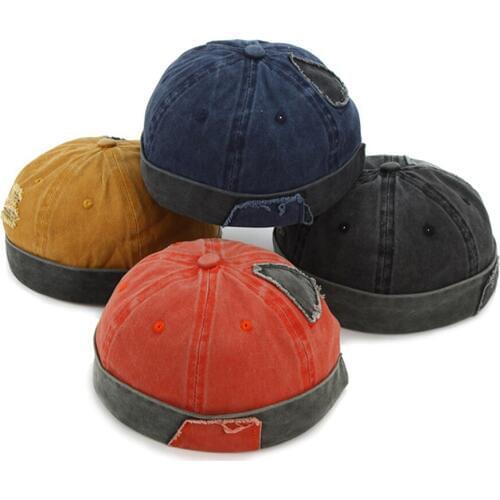 Liva girl Retro Demin Hat Women Vintage Hip-Hop Men Cotton Adjustable Brimless Breathable Cap Beanie Hat Contrast Color Patch