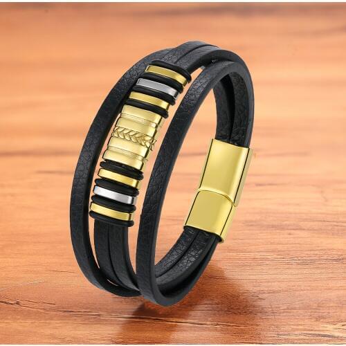 High Quality Fashion Trendy Charms Braided Rope Stainless Steel Magnetic Gold Black Leather Men Bracelet Bangle Jewelry