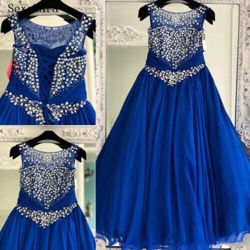 Royal Blue Girls Pageant Dresses Lace Up Beading Crystals Little Princess Prom Party Gowns Custom Made