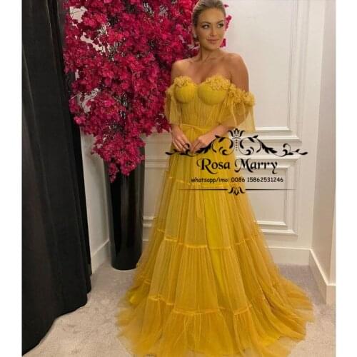 Yellow Off Shoulder Women Prom Dresses A Line 3D Floral Plus Size Tulle Vestido De Fiesta Long Formal Graduation Evening Gowns