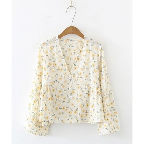 Womens V Neck Floral Print Blouses Summer Sweet Small Fresh Long Sleeves Chiffon Shirt 2021