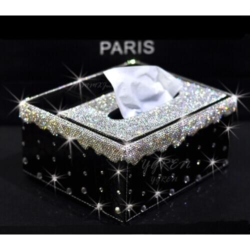 1 Piece PU Leather Tissue Box Holder, Bling Bling Crystal Rectangular Napkin Holder Pump
