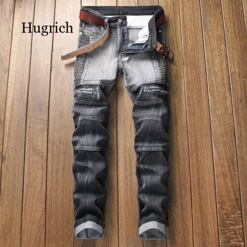 2021 High Quality Men Casual Jeans Coated Slim Straight Pleated Biker Jeans Pants Male Denim Casual Pants Plus Size 42