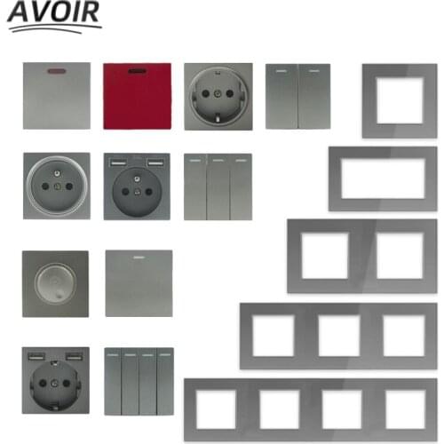 Avoir DIY Light Switch Electrical USB Wall Sockets Gray Glass Free Combination EU French Plugs Dimmer Intermediate Power Button