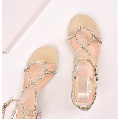 All Melody Women Sandals Artficial Diamonds Ankle Strap Bling Fashion Street Solid Sqaure Heel Roman Style Pinch Toe Botas Mujer