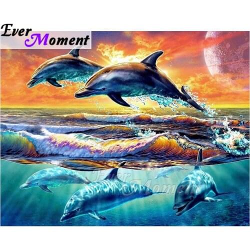 Ever Moment Diamond Painting Jumping Dolphin Sea Sunset Handmade Full Square Drill Diamond Embroidery Cross Stitch ASF2028