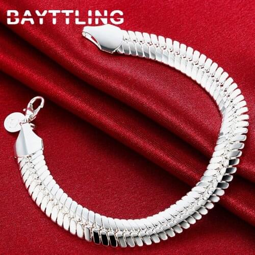 BAYTTLING 925 Sterling Silver 8 Inch Flat Snake Chain 10MM Full Side Bracelet For Woman Man Fashion Party Wedding Gift Jewelry