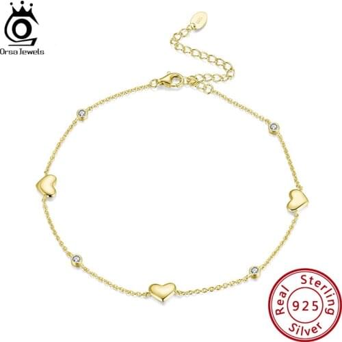 ORSA JEWELS Pure 925 Silver Ankle Chain Heart Shape AAAA Zircon Extension Chain For Women Engagement Daily Accessories SA01