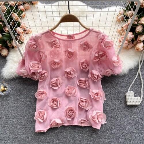 Girly sense of sweet three-dimensional flower blouse womens summer dress 2021 new age reduction puff sleeve wild thin chiffon