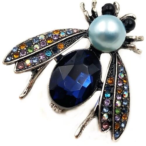 Designer Vintage Colorful Crystal Wing Imitated Pearl & Blue Rhinestone Bubble Bee Broaches Pins Cute Insect Jewelry for Unisex