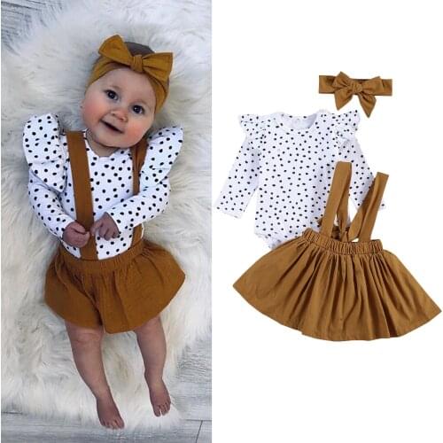 3 PCS Baby Girl Clothes Set Lace Long Sleeve Spot Print T shirt Top Solid Color Suspenders Short Skirt and Bow Hairband