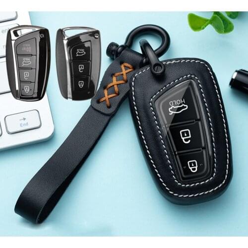 Leather Car Key Case Cover fob for Hyundai Grand Santa Fe IX45 GENESIS EQUUS AZERA 2013 2014 2015 2016 Accessories Ring