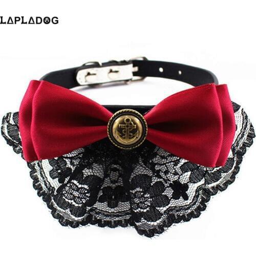 LAPLADOG 5 Pcs/Lot High Quality PU Leather Small Dog Collar Adjustable Bowknot Puppy Lead Lace Dog Collars Harness 3 Color ZL367