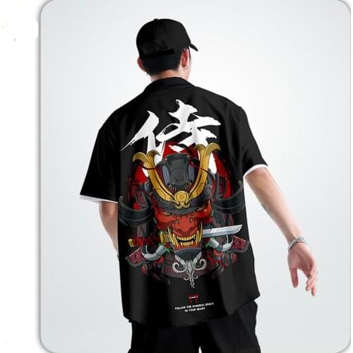 New Tide Brand Short Sleeve Lapel Shirt Mens Martial Arts Ronin Print Loose Slim Shirt Mens Thin Top For Men Streetwear Coat