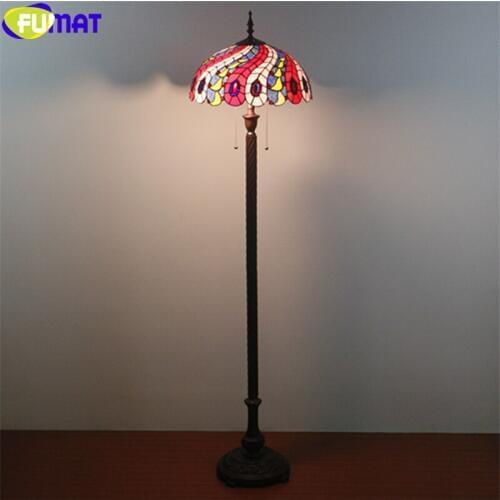 FUMAT Tiffany Floor Lamp Peacock Tail Stained Glass Lampshade Alloy Frame Light Handcraft Arts Home Decor European Style Multe