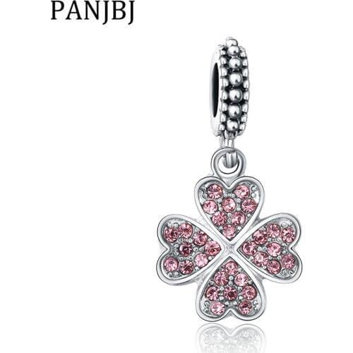 New Original Bead Pink Crystal Clover Dangle Charm Fit Bracelet Necklace DIY Women Jewelry