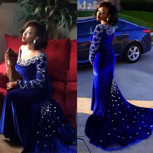 Abiye Gece Elbisesi Formal Royal Blue Green Velvet Evening Gown Long Sleeve Evening Dresses 2017 Mermaid Prom Dress Crystals
