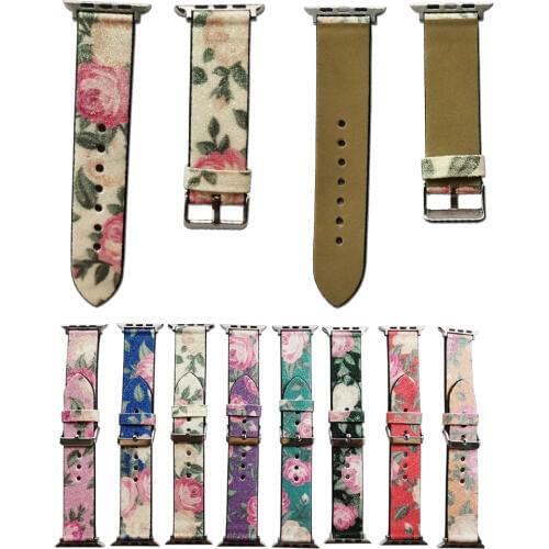 For Apple Watch Band Series SE/6/5/4/3/2 Flower Printed Scrub Strap Bright Leather Bracelet Belt for iWatch 44MM 40MM 42MM 38MM