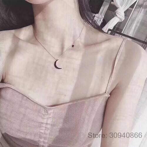 925 Sterling Silver Crescent Moon Necklaces For Women Black Zircon Star Pendants Choker Accesories Fine Jewely