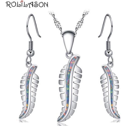 ROLILASON earrings pendant necklace leaf Silver stamped 925 White opal set for women party OS032