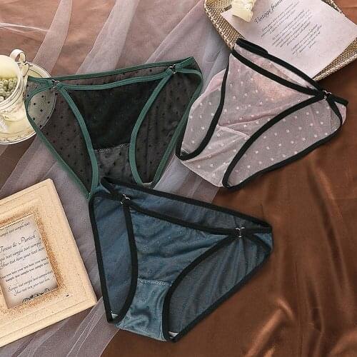 M-XL Sexy Lace Mesh Panties Women Dots Printed Briefs Underwear See-through High Elastic Net Yarn Female Lingerie