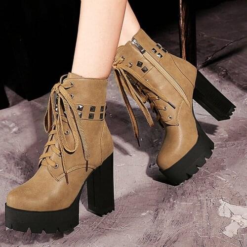 European American Style New Fashion Zipper Round Toe Martin Boots Lace-Up Waterproof Platform Super High Heel Ladies Short Boots