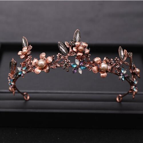 Vintage Baroque Crystal Flower Pearl Tiara Bridal Crown Wedding Hair Accessories Bride Queen Diadem Headpiece Women Hair Jewelry