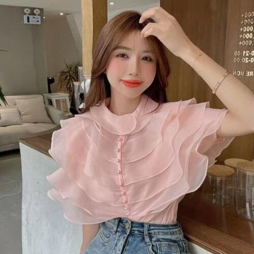 Pink Lavender White Black Korean Ruffled Blouse Shirt Sleeveless Top Womens Tops and Blouses and Shirts for Ladies Stylish