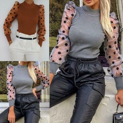 Womens Ladies Fine Ribbed Spotted Polka Dots Mesh Puff Sleeve Shirt Jumper Top