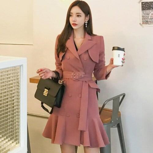 Spring autumn Women Slim Dress V-neck Double Breasted Sashes Elegant Female Dress Casual Vestidos Office Ladies Ruffle Dress