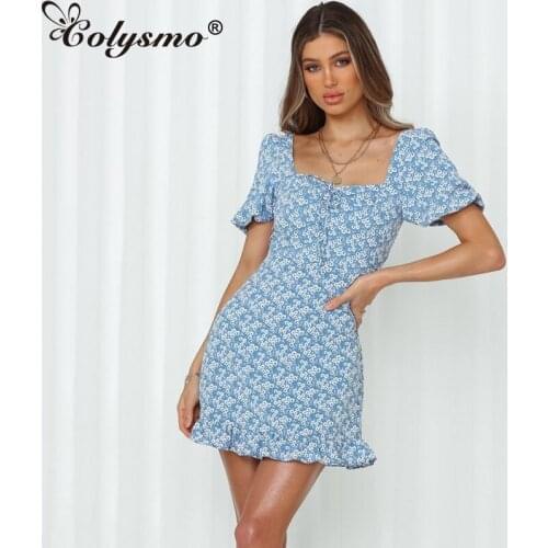 Colysmo Puff Sleeve Dress Floral Ruffle Patchwork Tie up Backless Short Sleeve Mini Dress Slim Fit Blue Print Dress Women 2021
