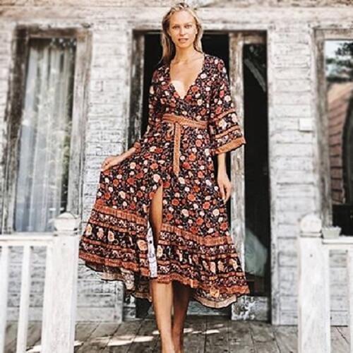 TEELYNN wrap dress 2019 brown rose midi Boho Dresses rayon Floral print sexy V-Neck beach wear Gypsy women Dress Bohemia dresses