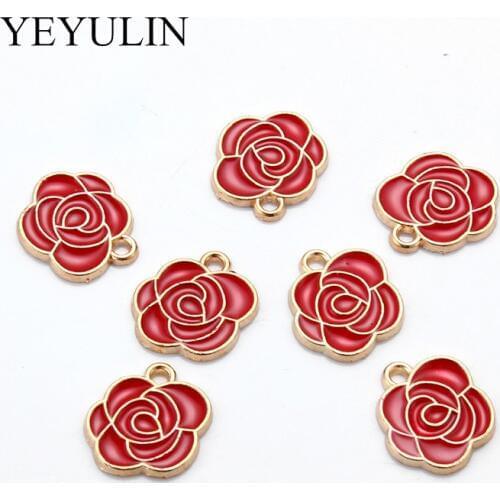 10pcs Alloy Gold Red Enamel Rose Flower Charms For Women Girls DIY Making Necklace Earrings Jewelry Accessories Findings