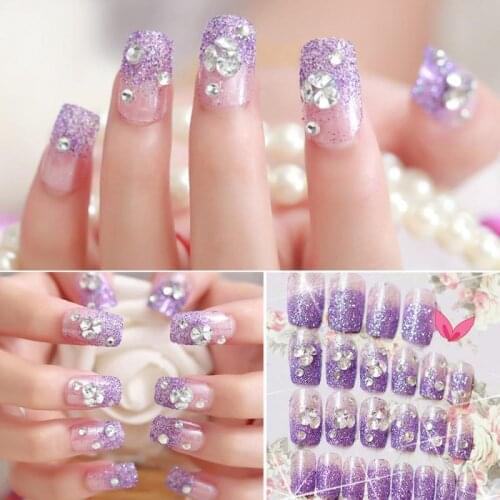 24 Pcs /1 Set Fake Nail Purple Glitter Black Rhinestone False Nail Bride Manicure Double Sided Tape Wedding Accessories