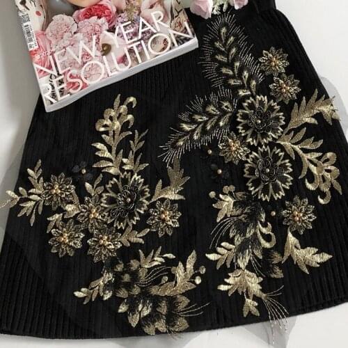 3pc/set large black embroidery beaded flower lace appliques for wedding dress embroidered floral patches for clothes big parches
