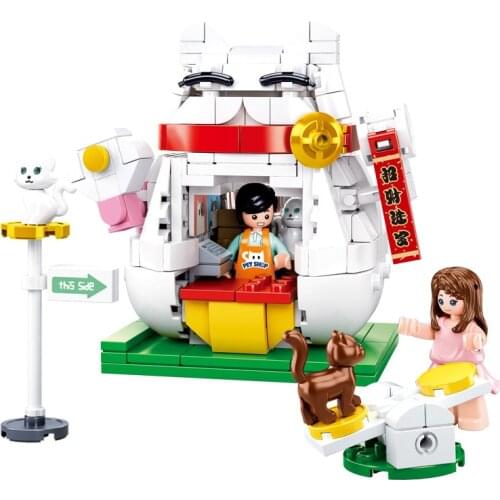 323pcs SLuban 0818 Creative Street View Lucky Cat Pet Store Assembled Model Assembled Building Block Toy Gifts
