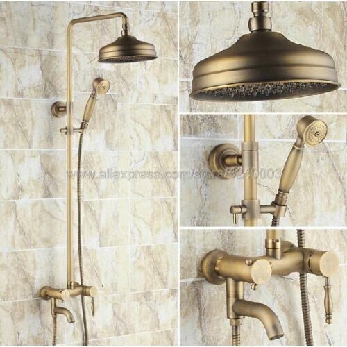Antique Brass Shower Faucets Set 8'' Rainfall Shower Head Handle Shower Mixer Tap Swivel Tub Spout Bath Shower Krs153