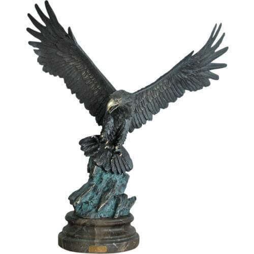 Large Flying Eagle Bronze Sculpture Greenish Animal Bird Hawks Statue Marble Base Upscale Gifts Home Decoration