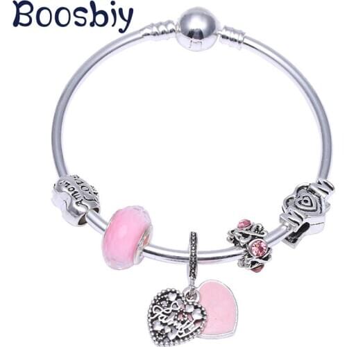 DIY Pink Love Heart Charm Beads Fits Brand Charm Bracelet For Women Silver Plated European Style Romantic Gift New Arrival